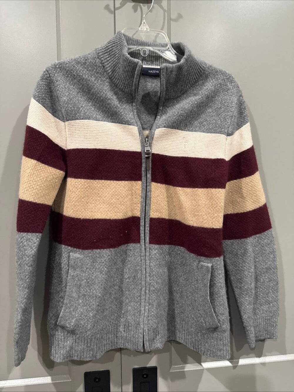 Hazzy' Women's L 100 % Wool Horizontal Striped Full Zip Cardigan